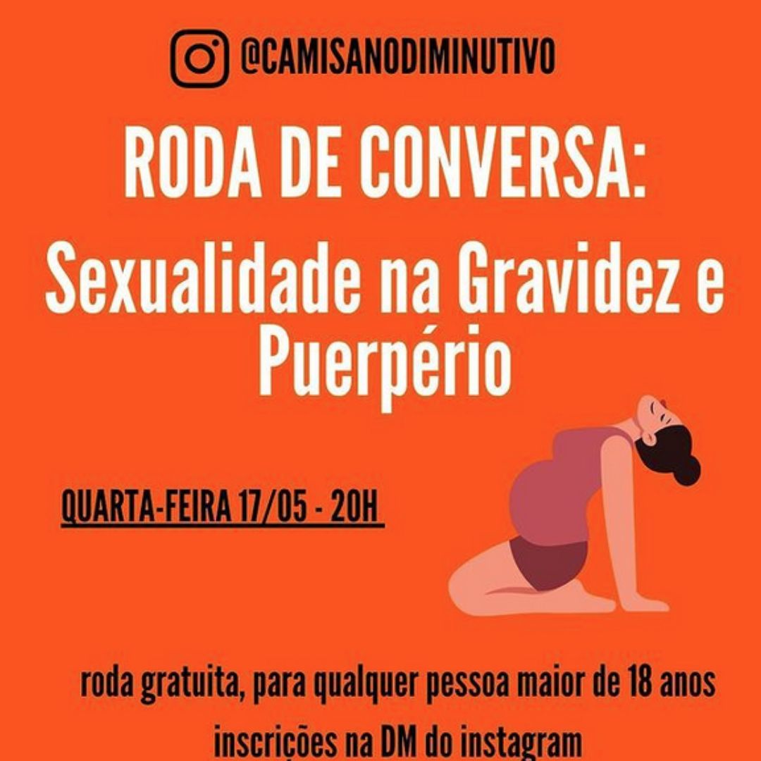 Mulher grávida sentada sobre as pernas e com a barriga em destaque, alpem de informações escritas sobre a roda conversa