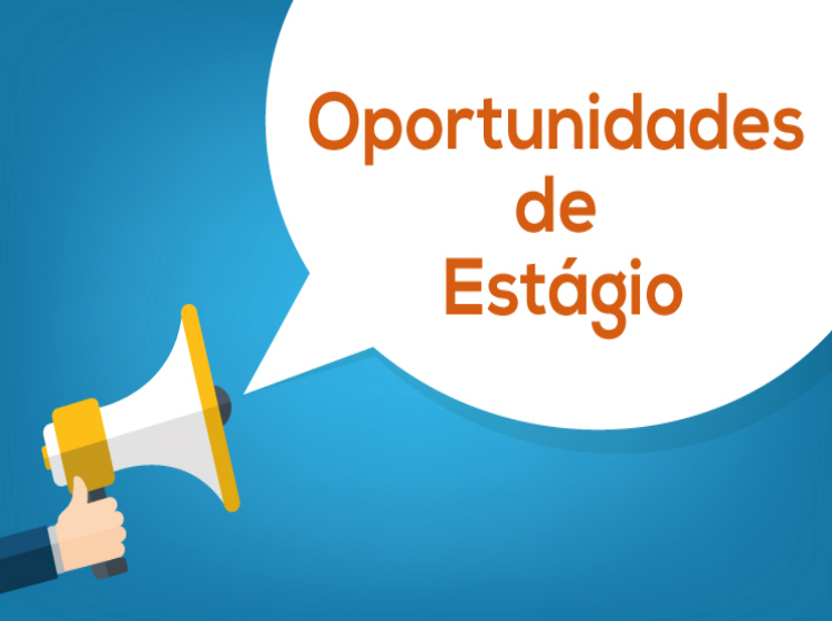 ilustração de megafone branco e amarelo, em fundo azul, com balão escrito "oportunidades de estágio"
