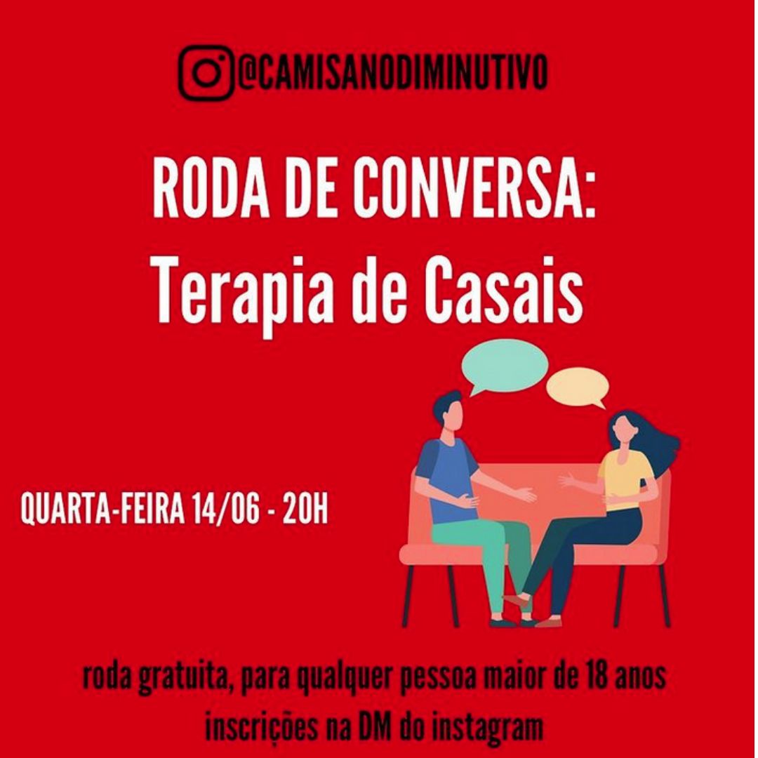 Informações sobre o evento e ilustração de casal de homem e mulher conversando, sentados em sofá rosa com parede ao fundo vermelha